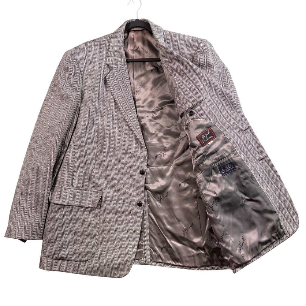 VTG‎ Joe Namath 50L Herringbone Wool Blend Blazer Gray Ivy League Old Money